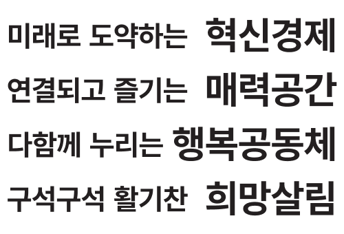 기업이 키워가는 성공경제, 보통이 성공하는 행복사회, 세계와 함께하는 문화관광, 모두가 안심하는 책임복지
