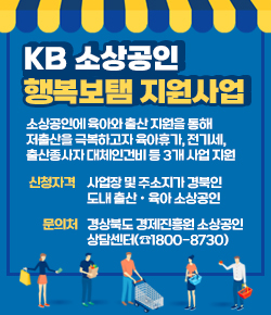 KB 소상공인 행복보탬 지원사업 - 소상공인에 육아와 출산 지원을 통해 저출산을 극복하고자 육아휴가, 전기세, 출산종사자 대체인건비 등 3개 사업 지원 / 신청자격 : 사업장 및 주소지가 경북인 도내 출산ㆍ육아 소상공인 / 문의처 : 경상북도 경제진흥원 소상공인 상담센터(☎1800-8730)