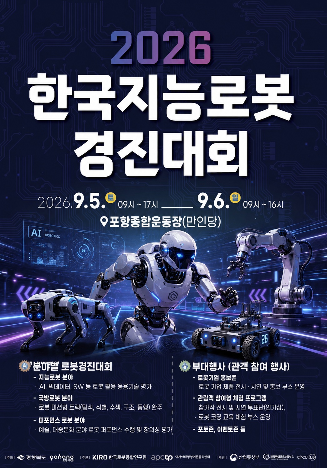 2026 한국지능로봇 경진대회. 2026년 9월 5일 토요일 09시부터 17시까지, 9월 6일 일요일 09시부터 16시까지 포항종합운동장 만인당에서 개최. 분야별 로봇경진대회는 지능로봇 분야에서 AI·빅데이터·SW 등 로봇 활용 응용기술 평가, 국방로봇 분야에서 로봇 미션형 트랙인 탐색·식별·수색·구조·동행 완주, 퍼포먼스 로봇 분야에서 예술·대중문화 분야 로봇 퍼포먼스 수행 및 창의성 평가가 진행된다. 부대행사로 로봇기업 제품 전시·시연 및 홍보 부스, 참가자 전시 및 시연 투표단 등 관람객 참여형 체험 프로그램, 로봇 코딩 교육 체험 부스, 포토존과 이벤트존 등이 운영된다.