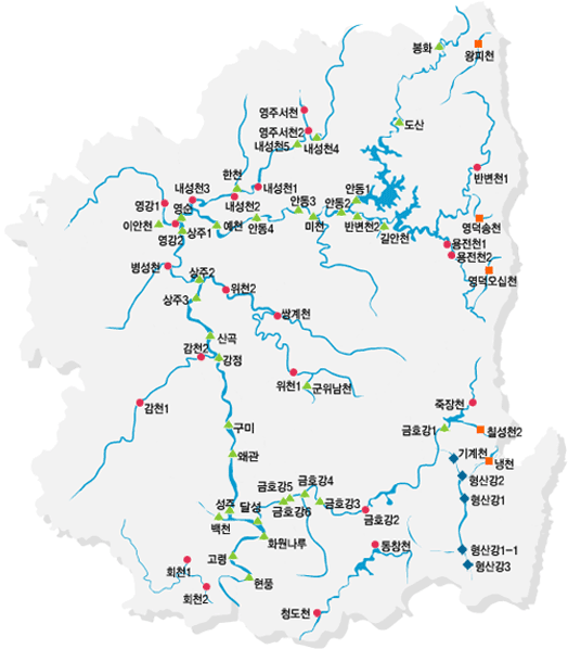 경상북도 하천이 표지된 지도 확대보기