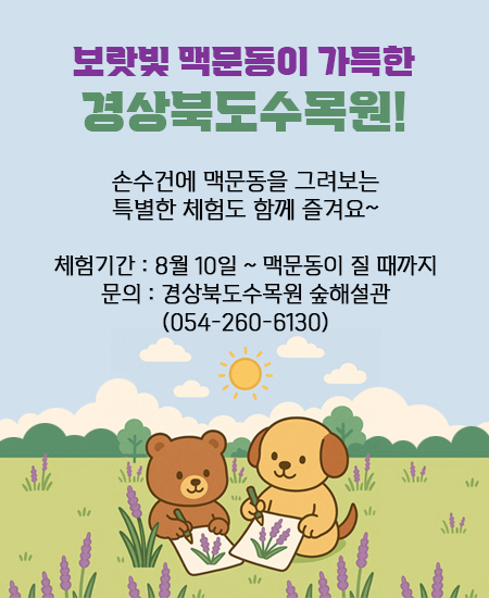 보랏빛 맥문동이 가득한 경상북도수목원! 손수건에 맥문동을 그려보는 특별한 체험도 함께 즐겨요~ 체험기간 : 8월 10일 ~ 맥문동이 질 때까지, 문의 : 경상북도수목원 숲해설관(054-260-6130)