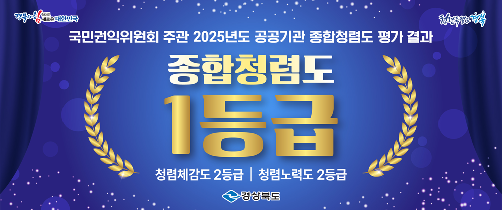 (경북의 힘으로 새로운 대한민국, 청렴특별도 경북) 국민권익위원회 주관 2025년도 공공기관 종합청렴도 평가 결과 종합청렴도 1등급, 청렴체감도 2등급, 청렴노력도 2등급 (경상북도)