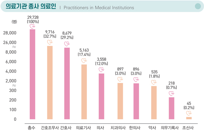의료기관 종사 의료인 Practitioners in Medical Institutions / (명) / 총수 29,728(100%), 간호조무사 9,716(32.7%), 간호사 8,679(29.2%), 의료기사 5,163(17.4%), 의사 3,558(12.0%), 치과의사 897(3.0%), 한의사 896(3.0%), 약사 535(1.8%), 의무기록사 218(0.7%), 조산사 45(0.2%)