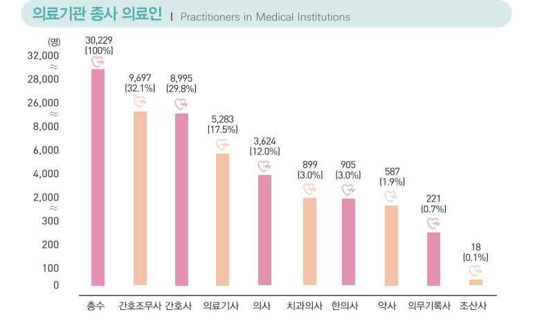 의료기관 종사 의료인 Practitioners in Medical Institutions / (명) / 총수 30,229(100%), 간호조무사 9,697(32.1%), 간호사 8,995(29.8%), 의료기사 5,283(17.5%), 의사 3,624(12.0%), 치과의사 899(3.0%), 한의사 905(3.0%), 약사 587(1.9%), 의무기록사 221(0.7%), 조산사 18(0.1%)